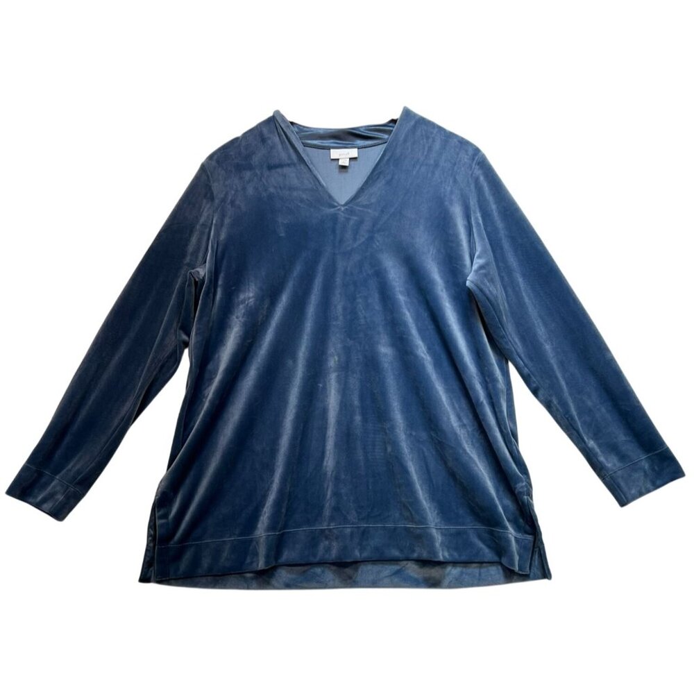 J.Jill Pure Jill Women's V Neck Velour Tunic Top Long Sleeve Size L Blue Stretch